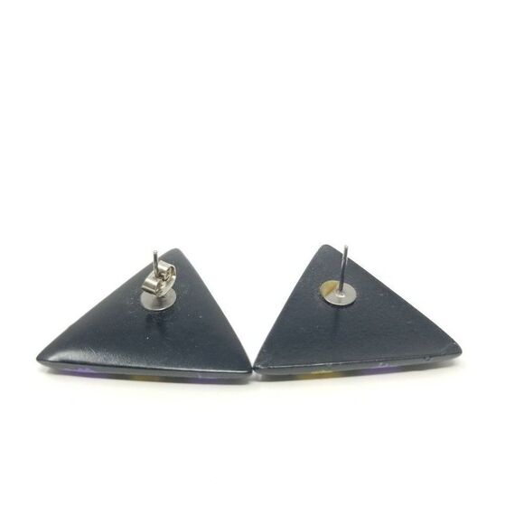 Vintage Purple and Yellow Triangle Stud Earrings, Funky Retro 80s Style Design - Picture 2 of 4